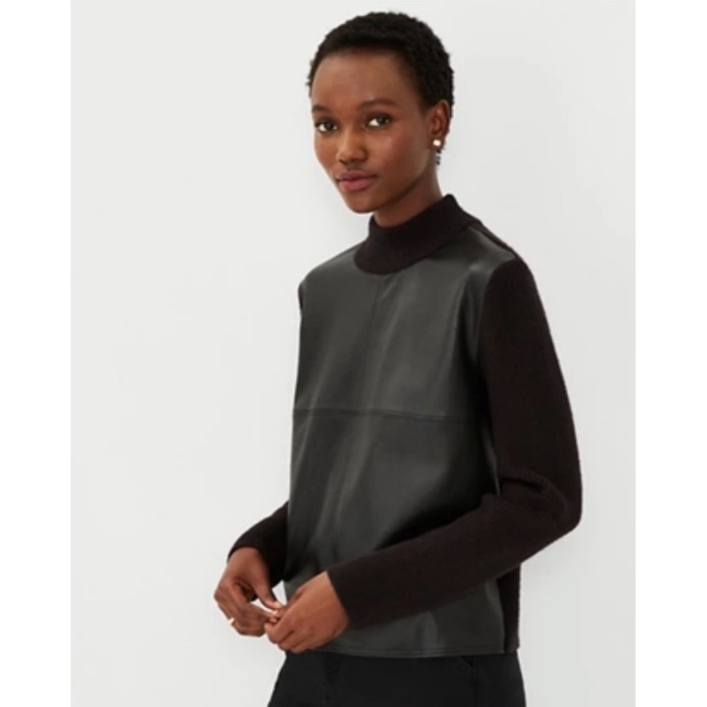 Ann Taylor Mixed Media Faux Leather Front Mock Neck Sweater Black XL